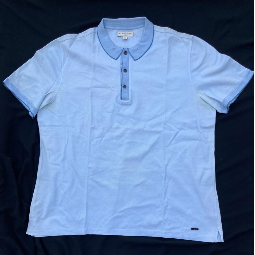 Burberry Men Short Sleeve Light Blue Cotton Pique Polo w/ Stain at Armpit